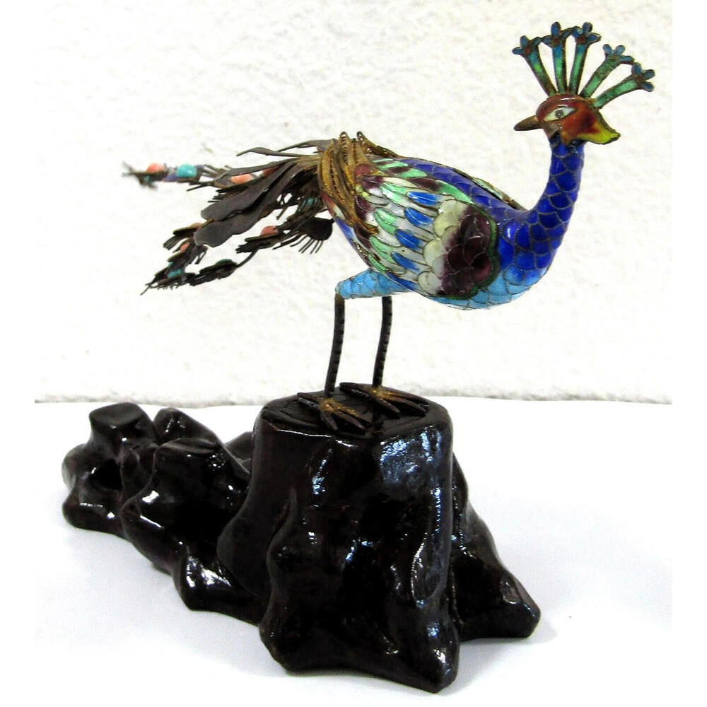 Antique Chinese Silver Gilt Cloisonne Jeweled Peacock Bird Sculpture 19th C. - Picture 5 of 16